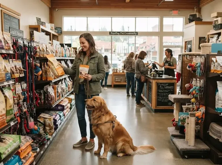 Pet owner browsing pet supplies with a dog in a local pet store