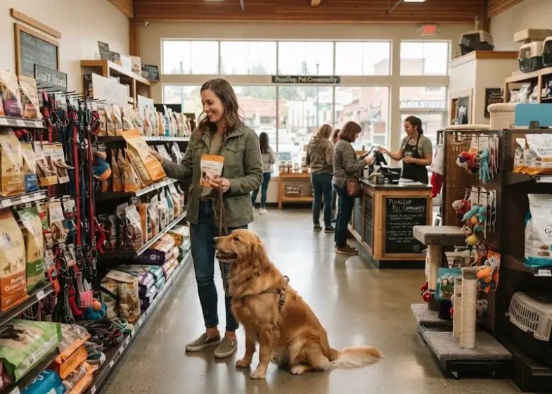 Pet owner browsing pet supplies with a dog in a local pet store