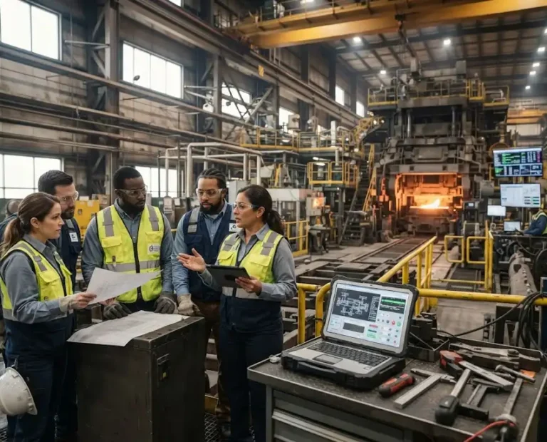 Image Alt Text: Engineers collaborating inside a modern industrial metals technology facility