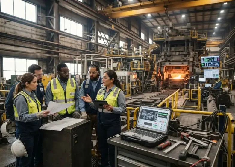 Image Alt Text: Engineers collaborating inside a modern industrial metals technology facility