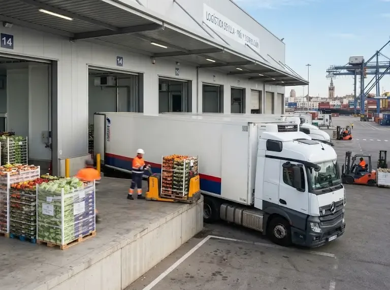 Refrigerated logistics truck being loaded with fresh produce