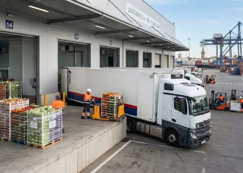 Refrigerated logistics truck being loaded with fresh produce