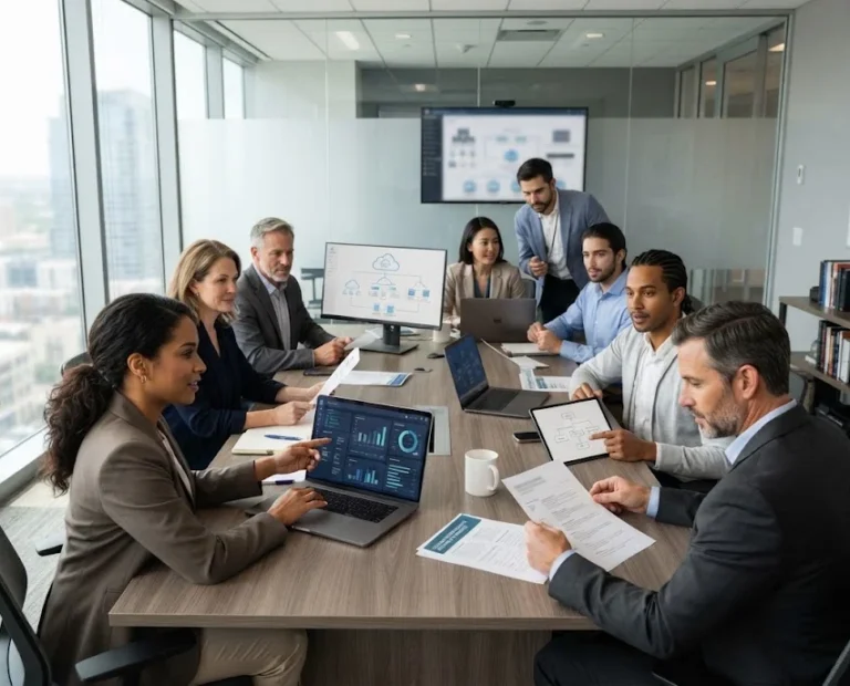 Professionals reviewing technology staffing and IT consulting information
