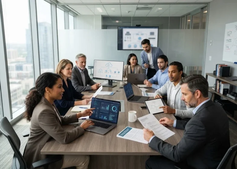 Professionals reviewing technology staffing and IT consulting information