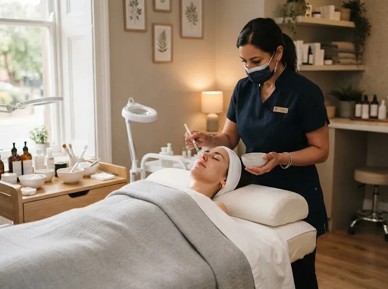 Beauty therapist preparing a personalised skincare treatment in a Durham salon