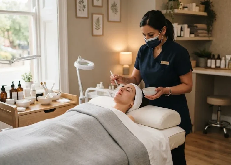 Beauty therapist preparing a personalised skincare treatment in a Durham salon