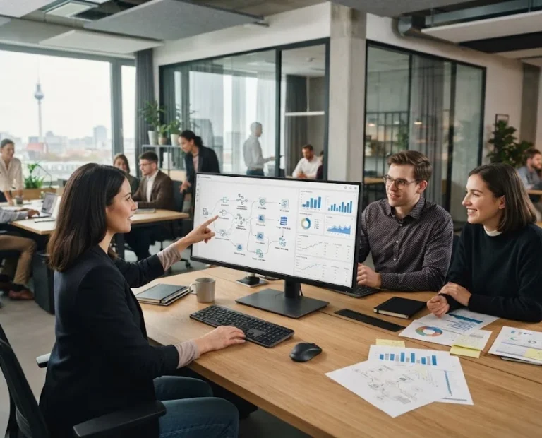 Business professionals working with AI-powered workflow automation technology