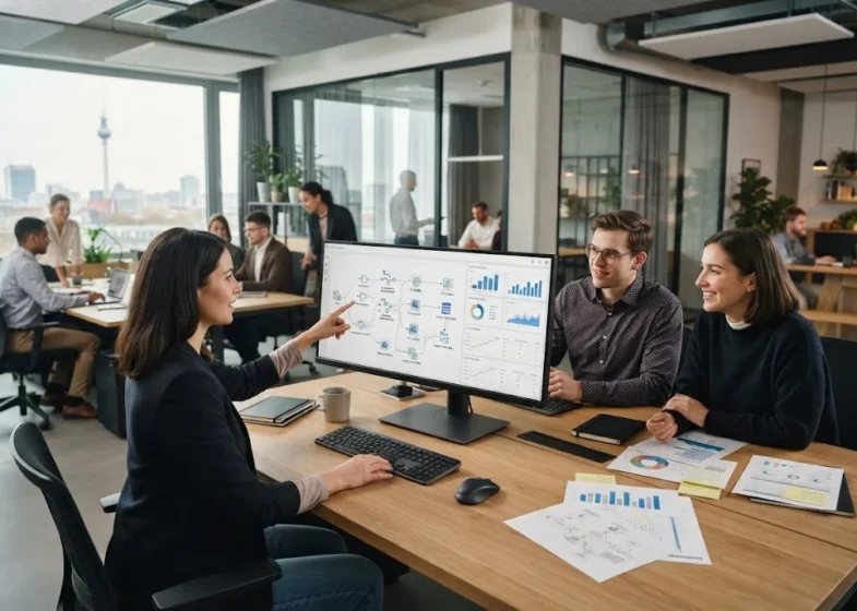 Business professionals working with AI-powered workflow automation technology
