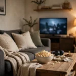 Family movie night at home — a cozy sofa with blankets, a bowl of popcorn and a glowing television
