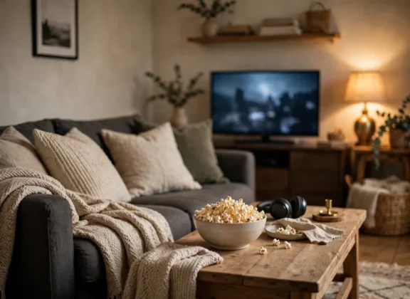 Family movie night at home — a cozy sofa with blankets, a bowl of popcorn and a glowing television