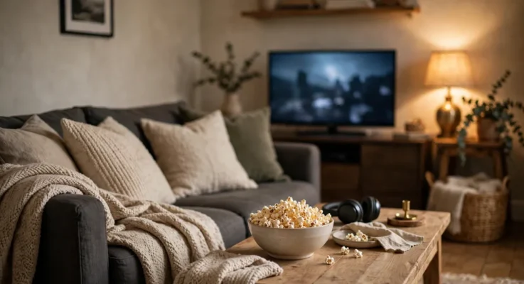Family movie night at home — a cozy sofa with blankets, a bowl of popcorn and a glowing television