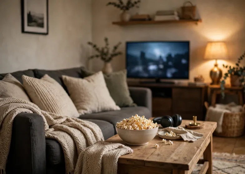 Family movie night at home — a cozy sofa with blankets, a bowl of popcorn and a glowing television