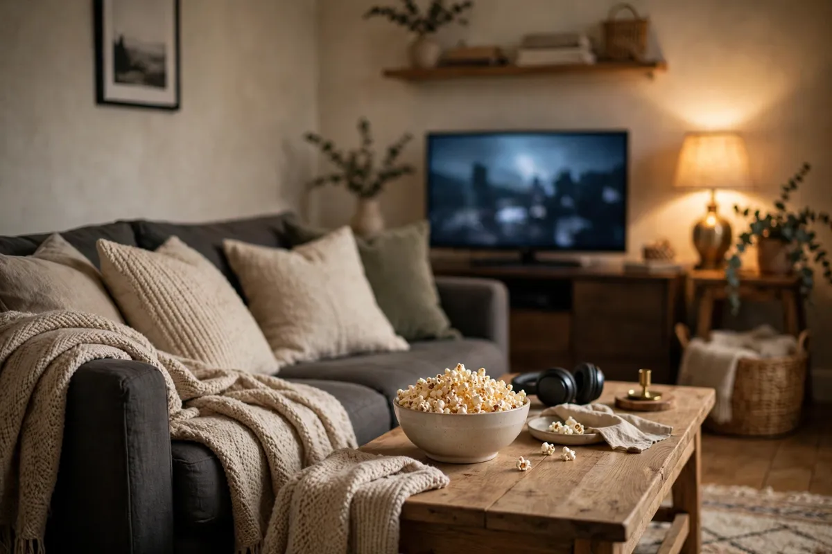 Family movie night at home — a cozy sofa with blankets, a bowl of popcorn and a glowing television