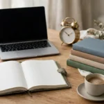 Time management tips for students — a tidy study desk with a planner, laptop, textbooks and a clock