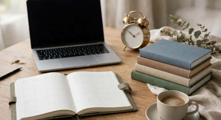 Time management tips for students — a tidy study desk with a planner, laptop, textbooks and a clock