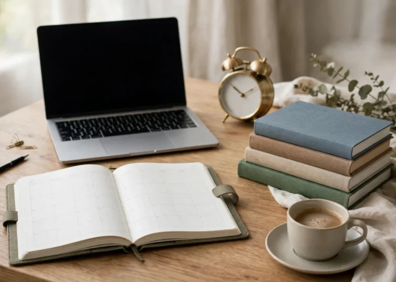 Time management tips for students — a tidy study desk with a planner, laptop, textbooks and a clock