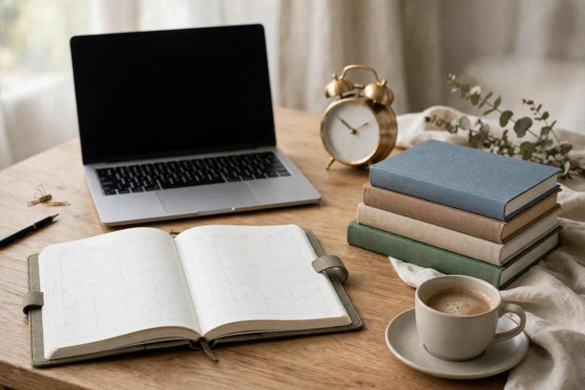 Time management tips for students — a tidy study desk with a planner, laptop, textbooks and a clock